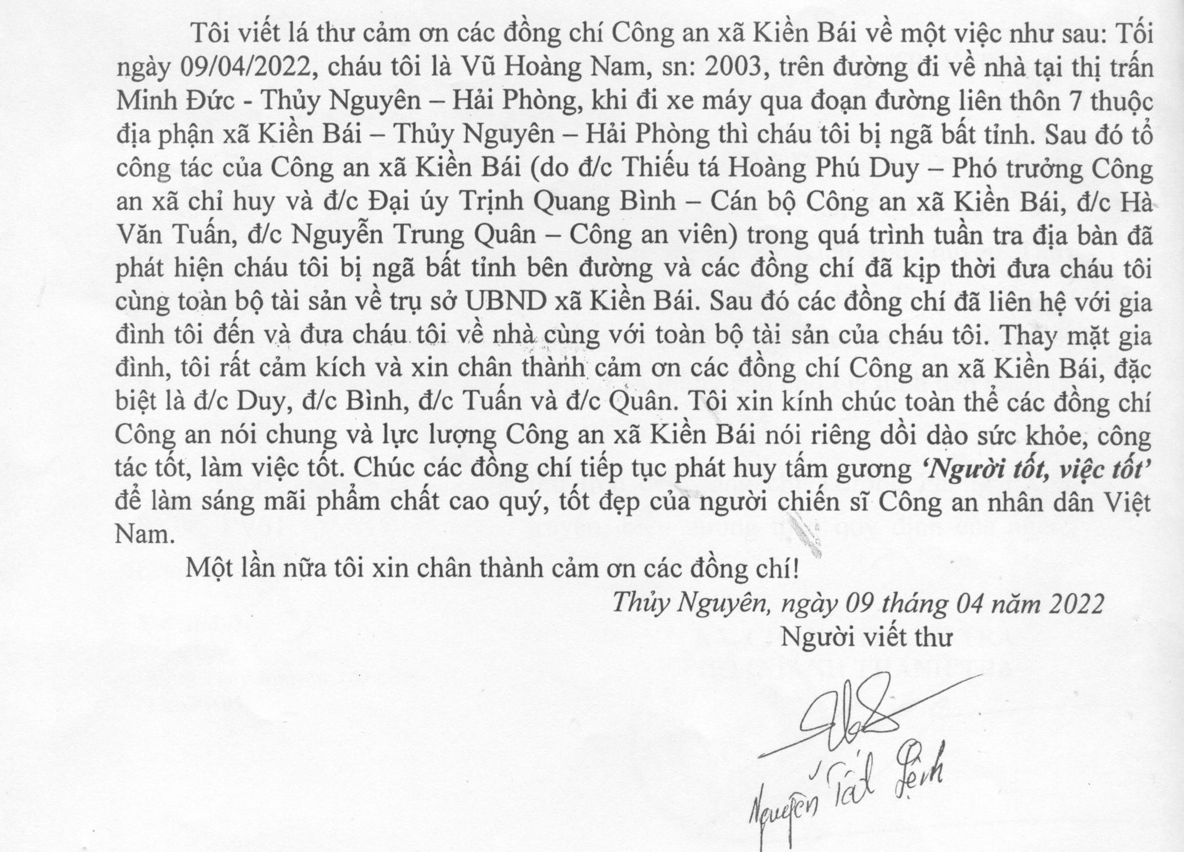 Người dân gửi thư cảm ơn Công an xã Kiền Bái (Thủy Nguyên)